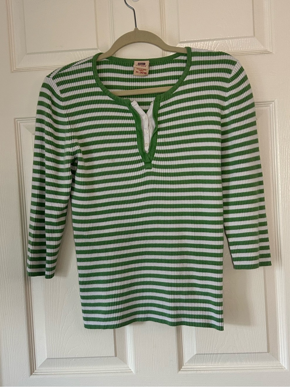 🌸 Faded Glory Green White Striped Ribbed Henley Top 3/4 Sleeve - Size XL